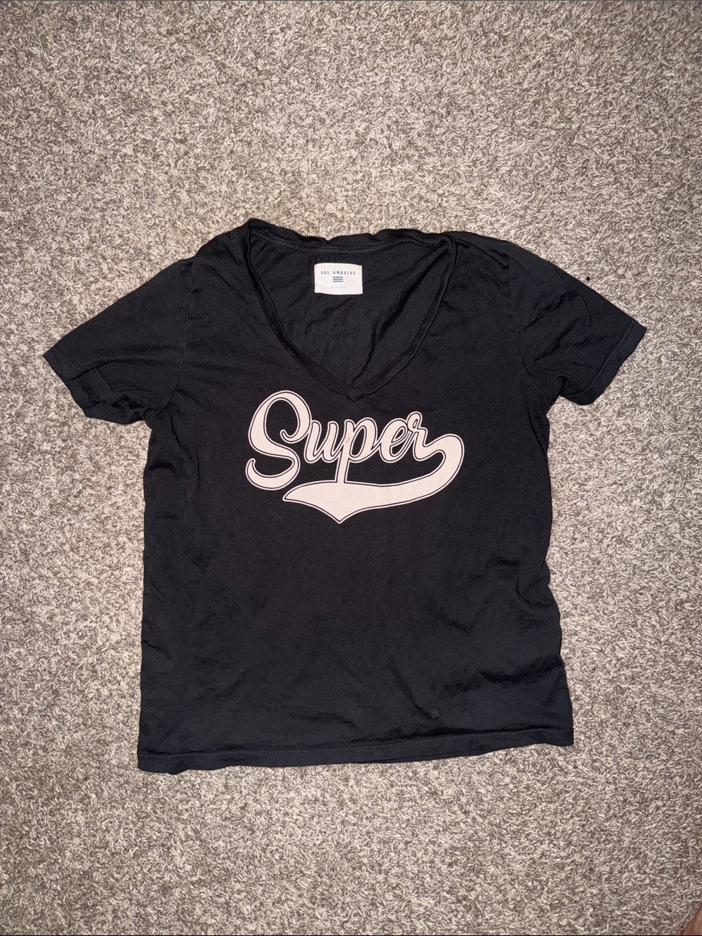 Sol Angeles Black V-Neck Tee with Pale Pink 'Super' Script
